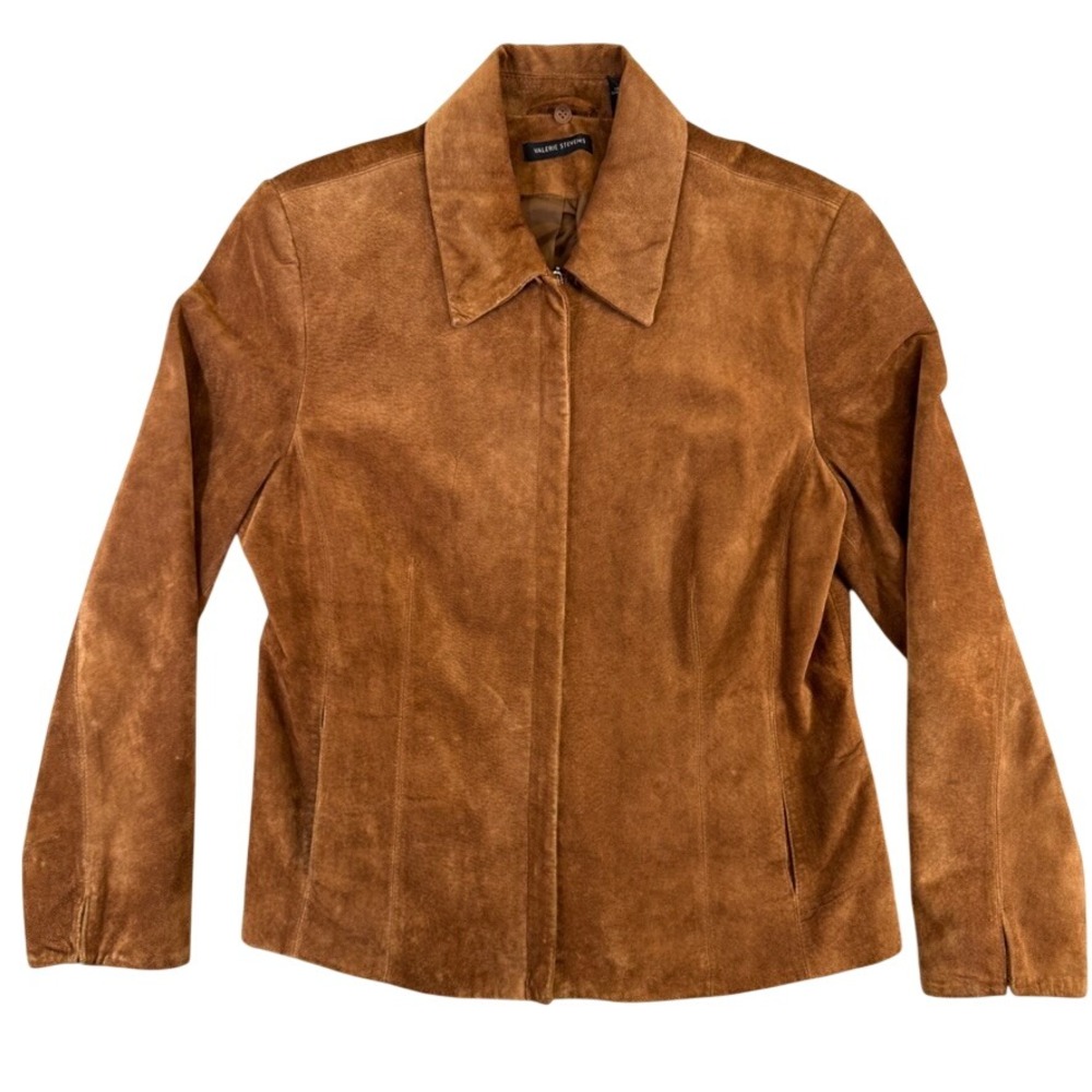 Valerie Stevens Brown Suede Leather Jacket Zip Front Lined Coat Size Large